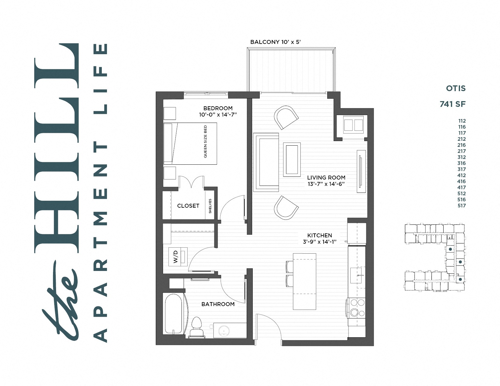 Floor plan for 1 bed, 1 bath, 741 sqft